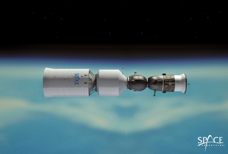 Разгонный блок с дополнительным жилым модулем и корабль «Союз ТМА-М» перед стартом к Луне. Графика Space Adventures 